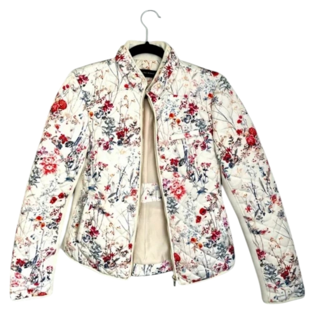 🌟Zara Woman Quilted White Jacket Red Wildflowers Zipper Stand Collar Pockets